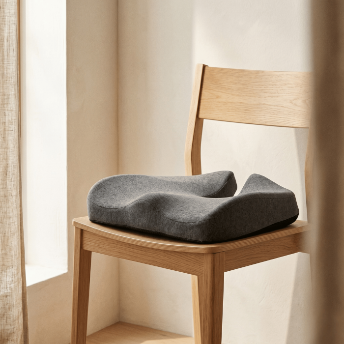 Grijs ergonomisch zitkussen op een eiken stoel