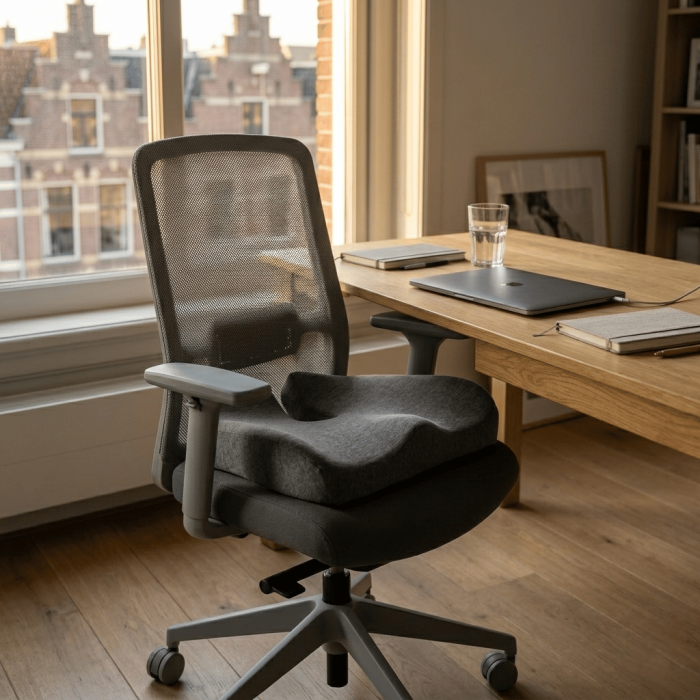 Grijs ergonomisch zitkussen op een ergonomische bureaustoel
