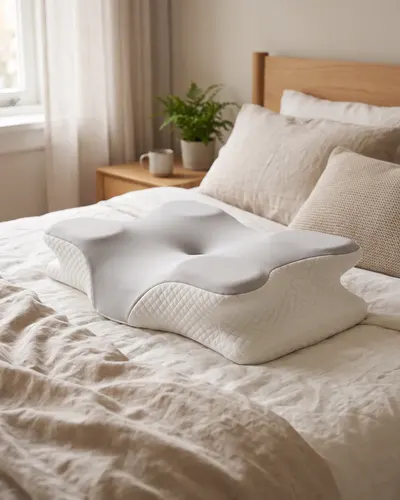 Het slaapkussen van Dplies op een opgemaakt bed