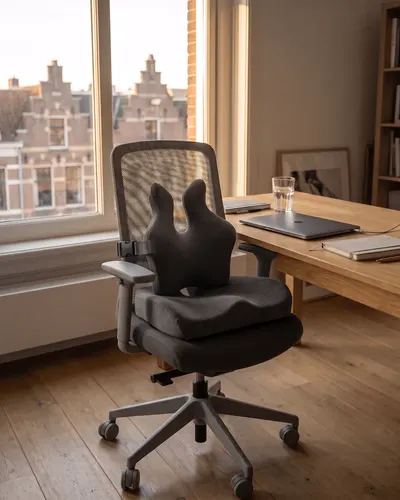 Bureaustoel met het zitkussen op de zitting en het rugkussen met de band om de leuning