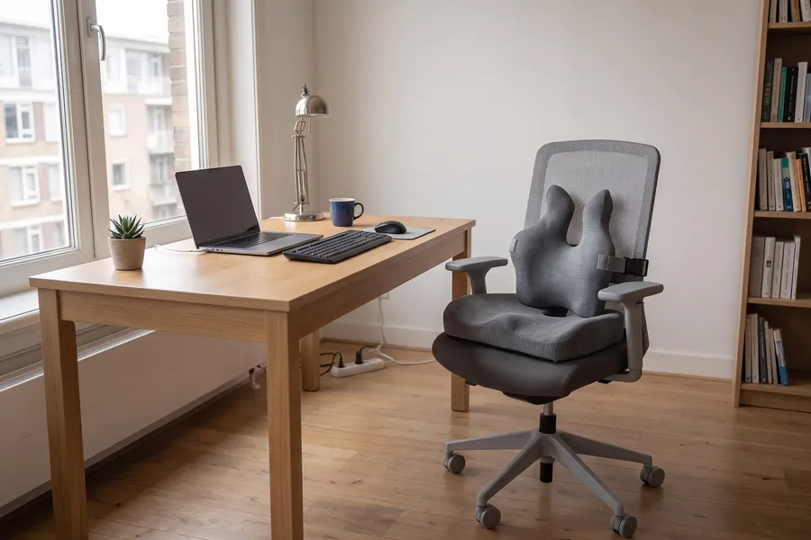 Een bureau met laptop en een bureaustoel met het zitkussen en het rugkussen van Dplies