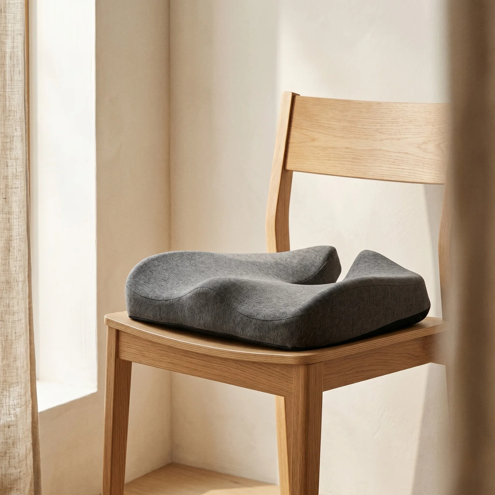 Dplies Ergonomisch Zitkussen op een eikenhouten stoel