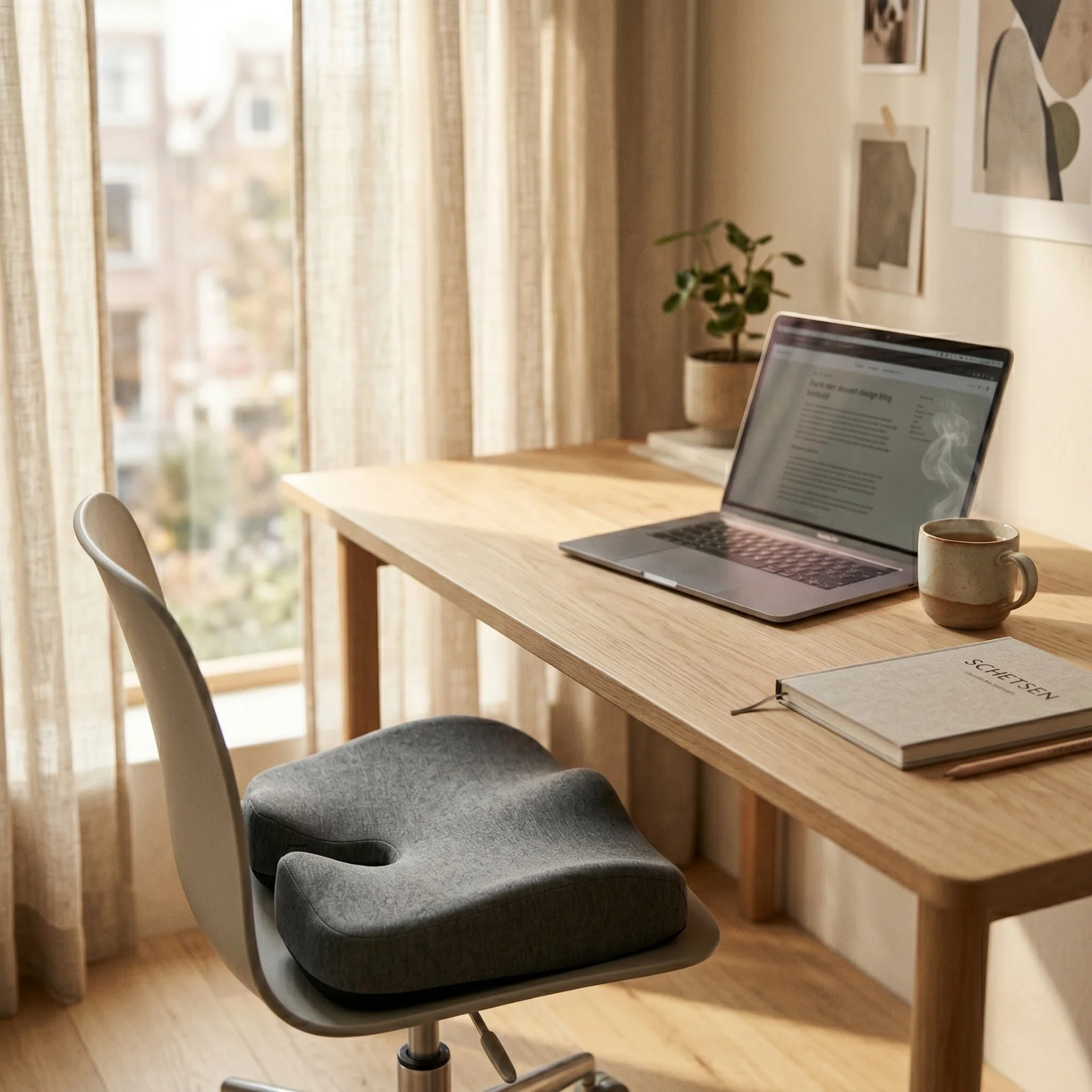 Dplies zitkussen aan het bureau bij een raam